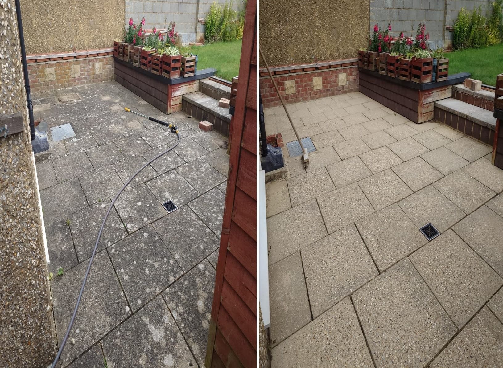 Before and after image of a patio that has been cleaned.